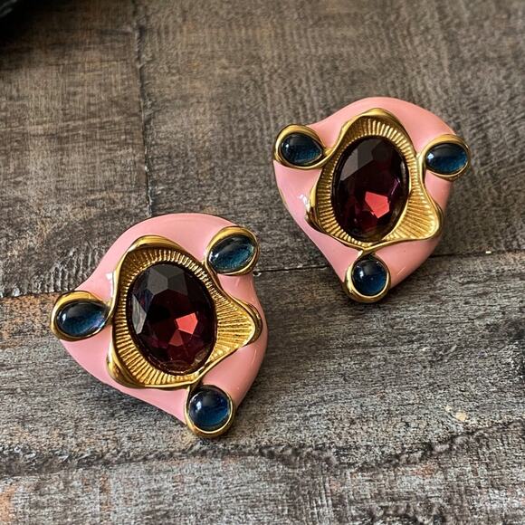 NEW Pink Abstract Gem Statement Earrings - Picture 4 of 9